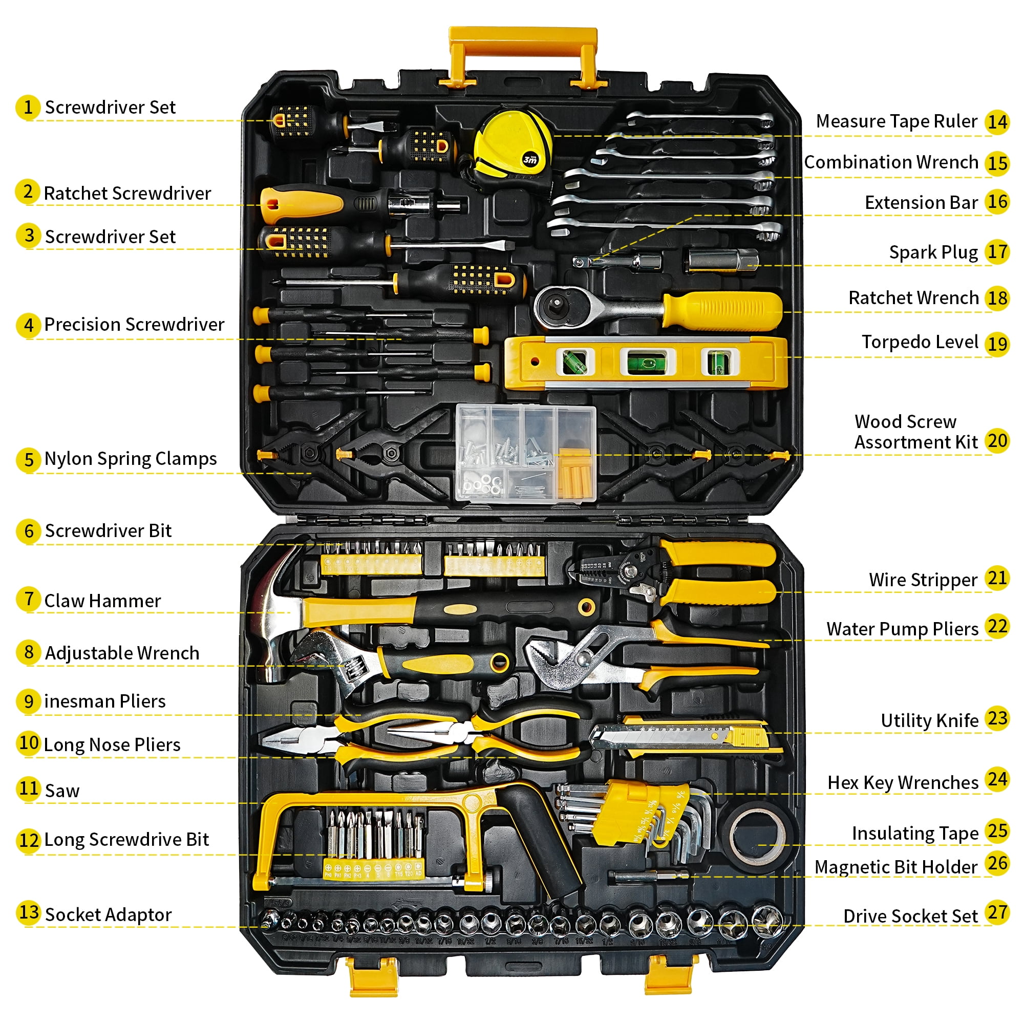 168-Piece Tool Kit in Toolbox Storage Case, Multi-Purpose Automotive and Household Tool Set for Garage, Car, DIY Project, Housewarming Gift Yellow