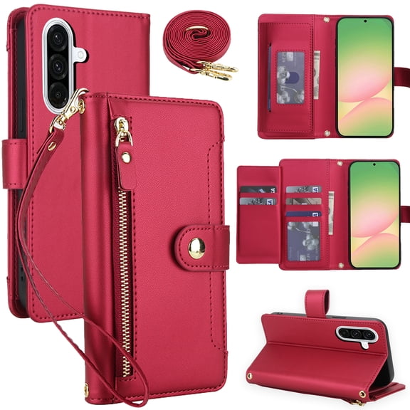For Samsung Galaxy S25 FE Crossbody Wallet Phone Case,With Detachable Shoulder Strap Wrist Strap,Card Slots,Zipper Pocket,Flip Foldable Kickstand,Anti-Scratch Shokcproof Phone Case,Red
