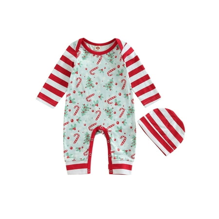 

jaweiwi Infant Baby Autumn Christmas Jumpsuit for Girls Boys Cartoon Christmas Tree Print Long Sleeve Round Neck Full-Length Romper + Hat 0-12M