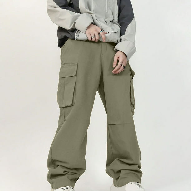 Pantalones cargo deportivos casuales de longitud completa para hombre, con bolsillo y cordón, color sólido, cintura elástica