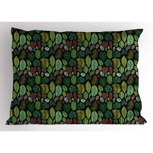 Botanical Pillow Sham, Variety of Leaves in Vintage Style Tropical Lush