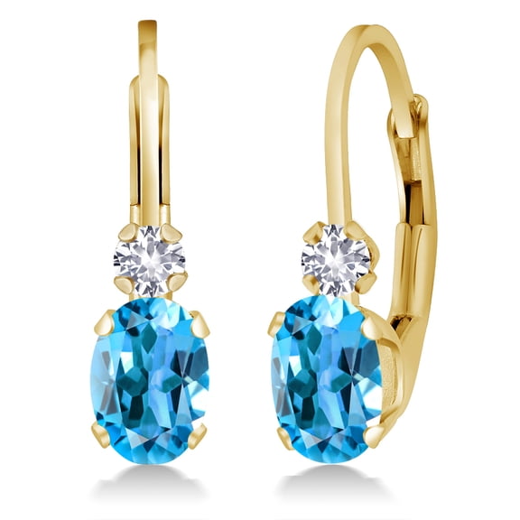 Gem Stone King 14K Yellow Gold Swiss Blue Topaz and White Created Sapphire Leverback Earrings for Women | 1.08 Cttw | Gemstone November Birthstone | Oval 6X4MM, Round 2MM | 3/4 inch