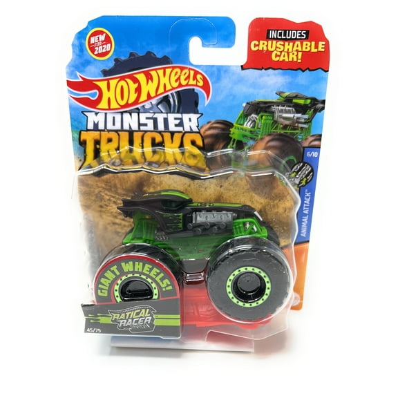 Hot Wheels Monster Truck Ratical Racer Animal Attack 6/10 1:64 Scale Die-Cast includes Cushable Car for Kids age 3 - 8 Years Old, Collectible Toy Truck with BIG Wheels for Crashing and Smashing