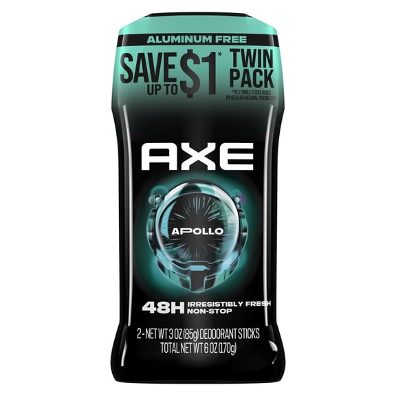 AXE Deodorant Stick For Long Lasting Odor Protection, Aluminum Free, Apollo Sage & Cedarwood Men's Deodorant, 3 oz Twin Pack
