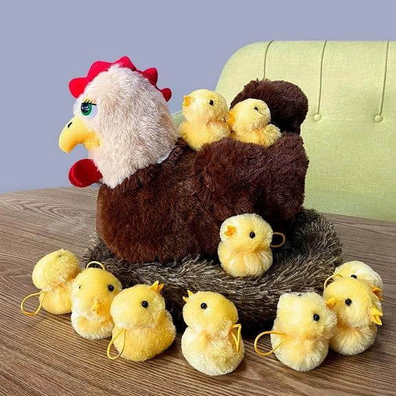 Chicken Plush T-oy under $5! Xqxayjr Chicken Stuffed Animal Set, Mother Hen with 10 Baby Chicks and Henhouse, Plush Farm T-oys for K-ids, Easter Christmas Gift