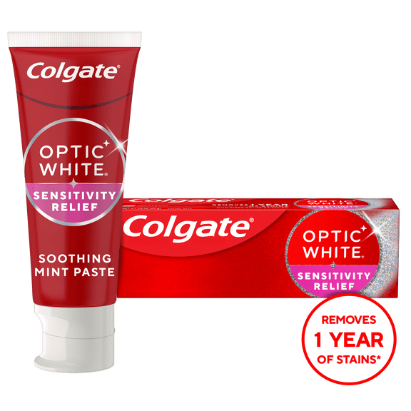 Colgate Optic White Sensitivity Relief Teeth Whitening Toothpaste, with Fluoride, Mint, 3.8 oz