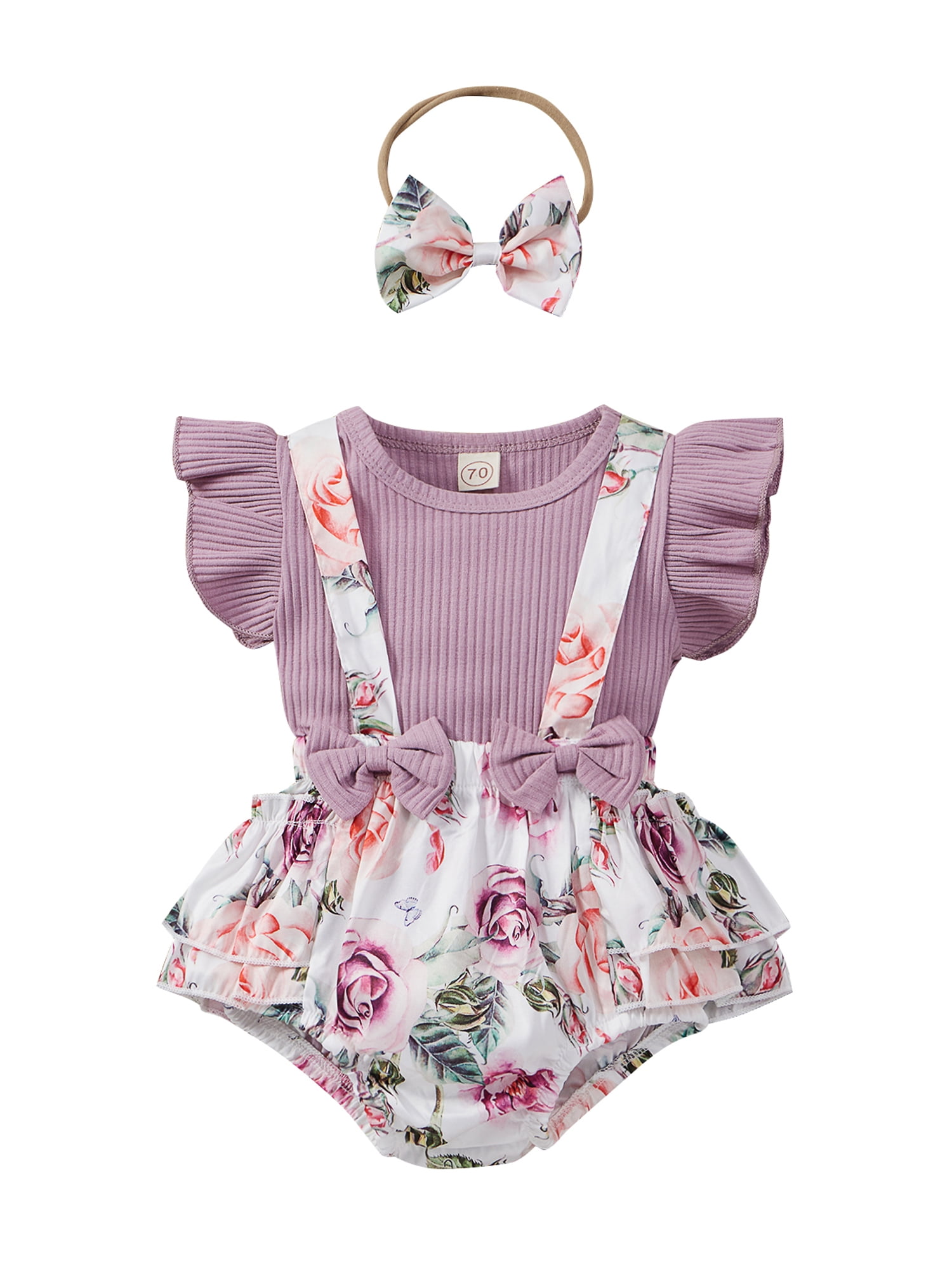 Baby Toddler Girls 3pcs Summer Outfit Set Princess Short Sleeve Romper+Suspender Flosers Dress+Bowknot Headband 