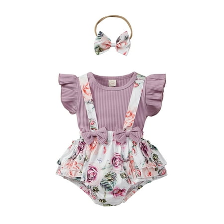 

3 Pcs Toddler Little Girls Solid Color Fly Sleeve Round Collar Top + Floral Printing Suspender Shorts With Bow Headwear