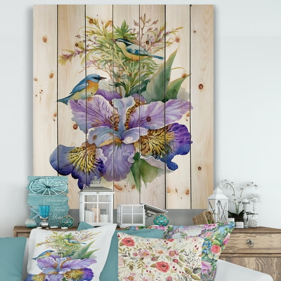 Designart 'Birds With Purple Iris' Traditional Print on Natural Pine Wood