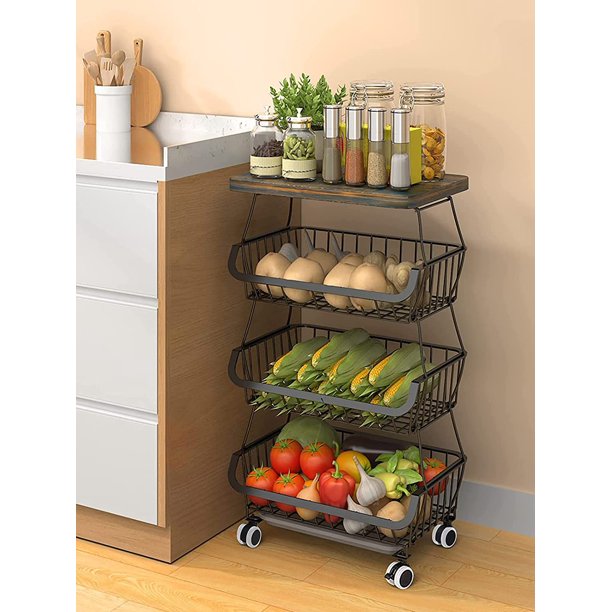 Fruit Basket with Wooden Lid for Kitchen, 4 Tier Stackable Storage