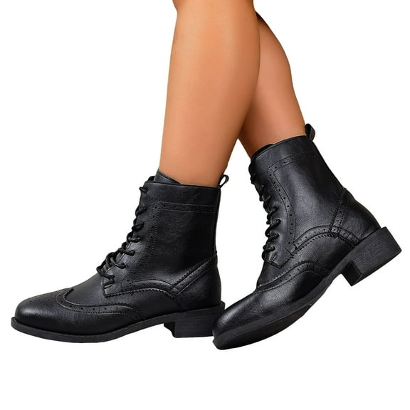 Women's Retro Mid Calf Combat Boots Black White Color Block Leather Lace up Low Heel Winter Fall Ankle Booties Black Size 6