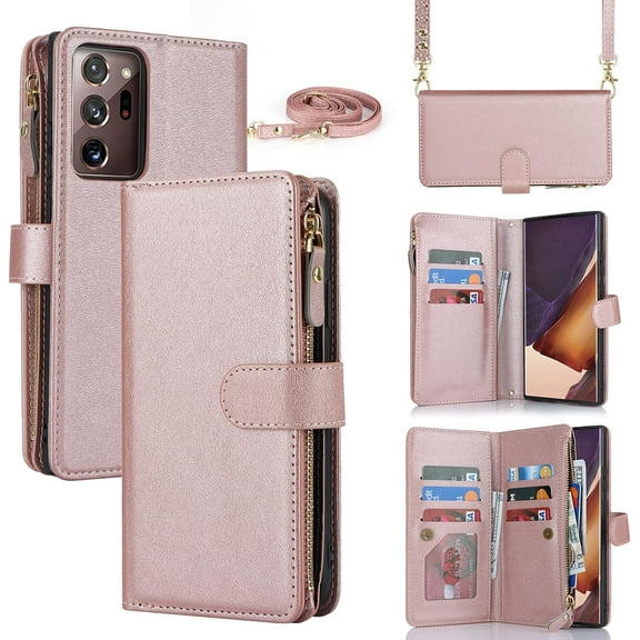 Samsung Galaxy Note 20 Ultra Wallet Case for Women with Card Holder, Samsung Note 20 Ultra Crossbody Phone Cases with Strap Lanyard, Zipper Pocket PU Leather Kickstand Purse,6.9 Inch Rosegold