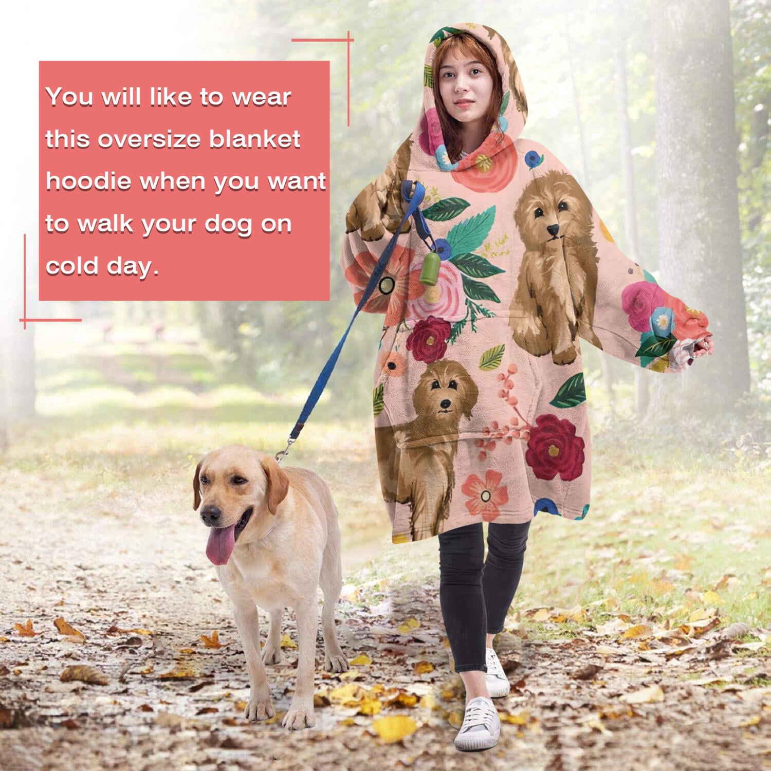 Wearable Oversized Blanket,Dogs with Flowers Wearable Blanket Hoodie for Adults,Cozy Hooded Blankets with Super Pockets,Super Warm Fuzzy Pullover for Women & Men