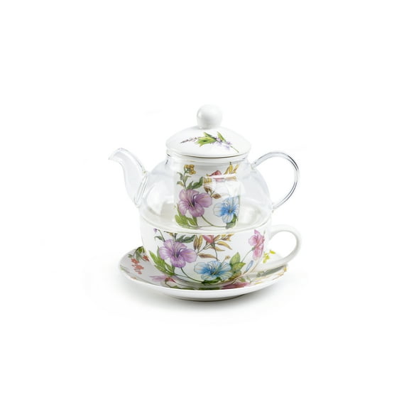 Grace Teaware Hibiscus Harmony Glass and Fine Porcelain Tea For One Set