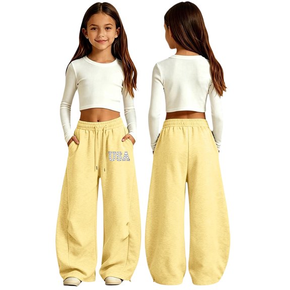 lnmuld Girls’ Polka Dot USA Letter Graphic Drawstring Wide Leg Sweatpants, Polyester Fabric for Daily Casual Wear Yellow,6-7 Years