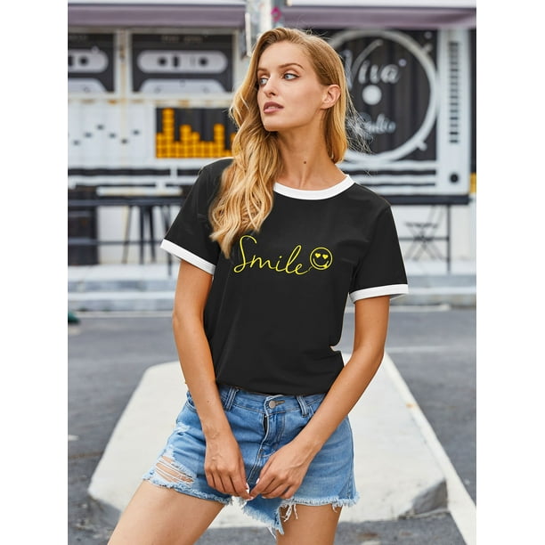 激安通販 ZXSXSY T-Shirts Graphic Print Letter Face Happy Women for テープ・マスキングテープ