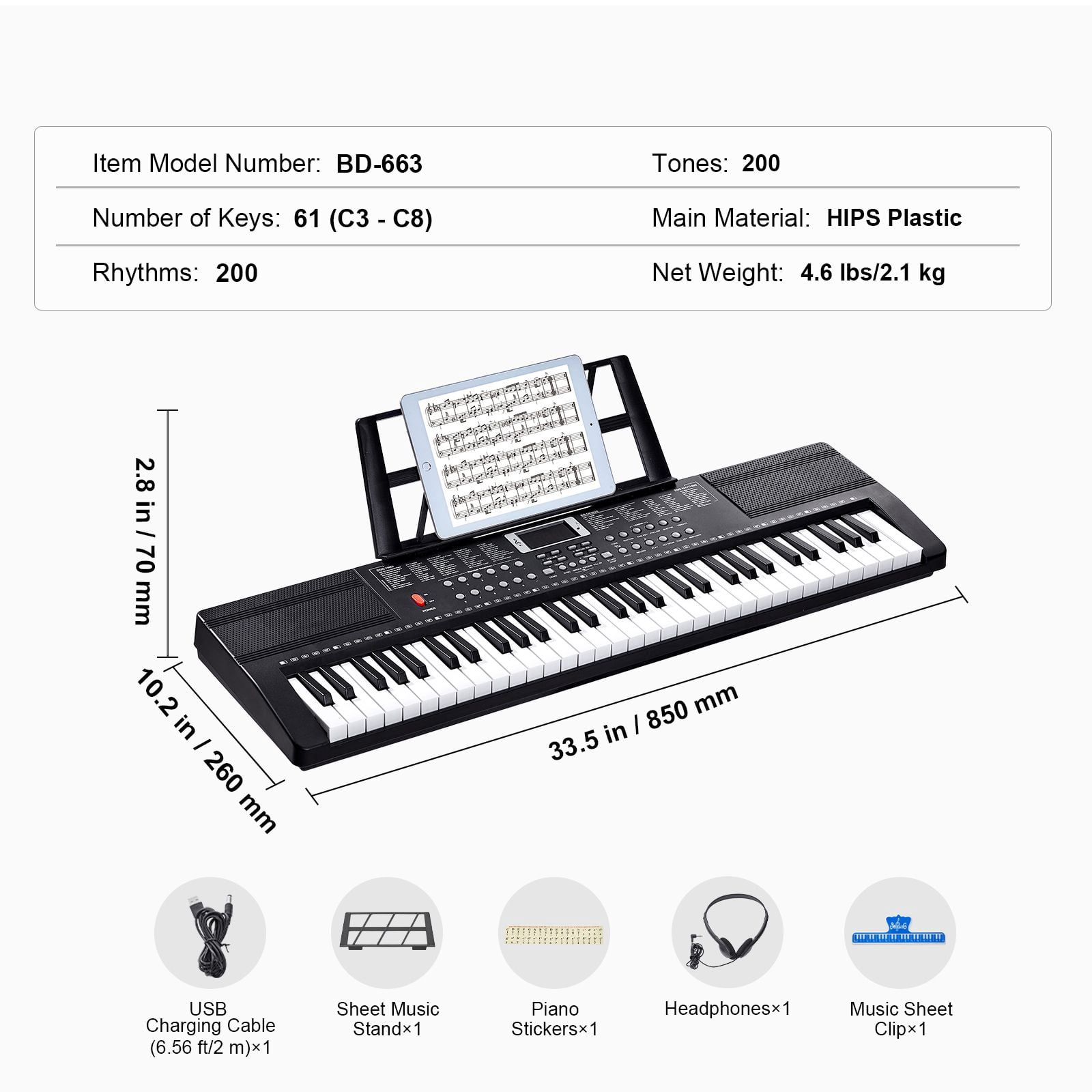 61 Key Digital Keyboard Piano, 200 Tones 200 Rhythms, Electric Portable Piano Keyboard Kit with 60 Demo Songs Built-In Dual Speakers Headphones, Piano Stickers for Beginners Learning