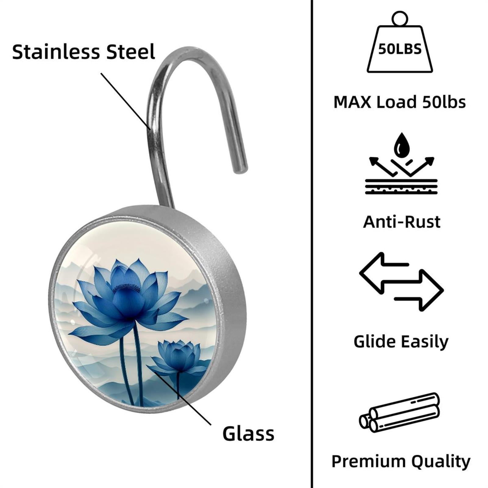 Imobaby 12 Pcs Metal Shower Curtain Hooks Rust Proof for Shower Curtain Liner - Landscape Ink Blue Lotus