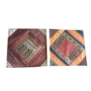 Mogul 2 Square Silk Cushion Cover Indian Sari Border Bohemian Decor Toss Pillow Cases 16x16