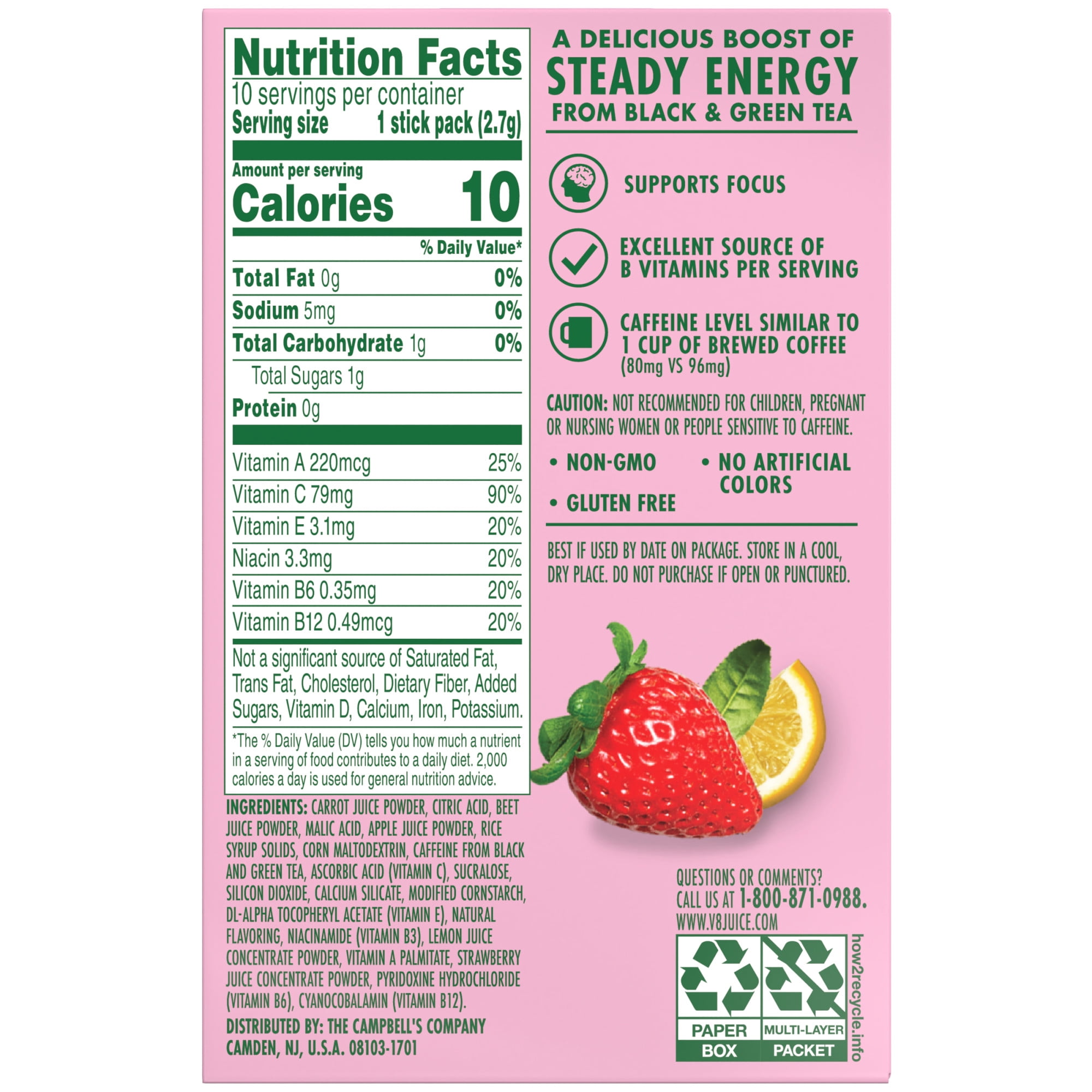 (12 pack) V8 Energy Strawberry Lemonade Energy Drink Powder, .10 oz Packet (120 Count)