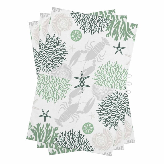 Green Grey Coastal Kitchen Towels Set of 3, Water Absorbent Dish Towel, Summer Lobster Coral Nautical Decorative Hand Towels - Quick Drying Cloth for Cooking Baking, 18x28 Inch