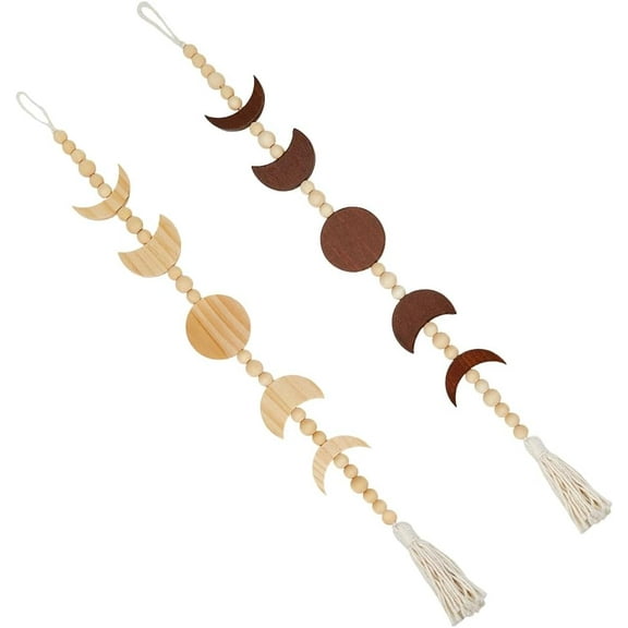 2Pcs Moon Phase Hanging Decor Boho Tassel Wall Decor Wood Bohemian Moon Sun Beaded Colored Pendant Cotton Thread Tassels Old Lace Art Tapestry for Hang Bedroom Living Room Office Decoration