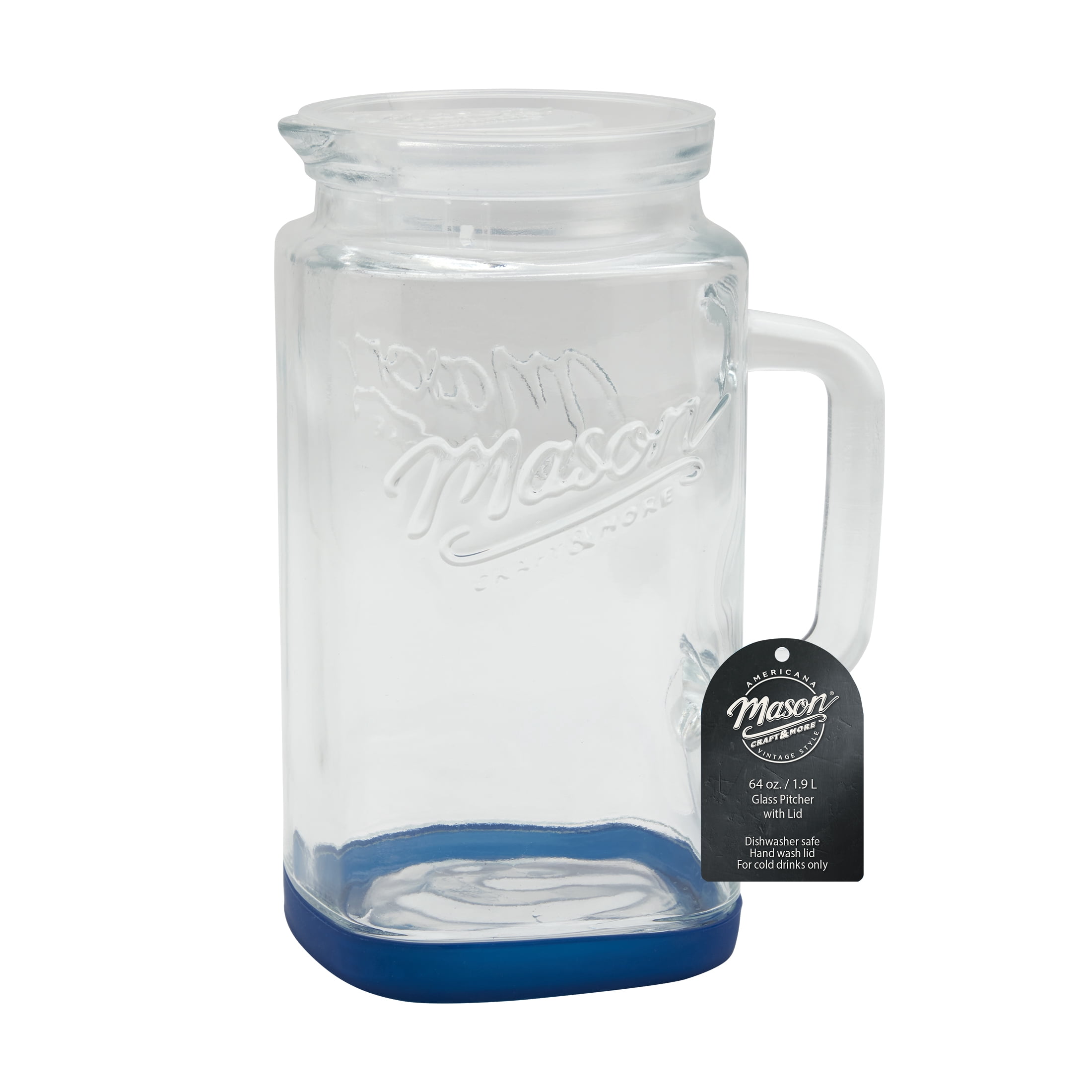 Mason Craft & More Glass 0.5 Gallon Pitcher with Removable Plastic Lid and Silicone Base, Navy, Useful for Serving Chilled Drinks
