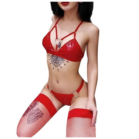 

DNDKILG Strappy Bra and Panty Set for Women Nightwear Leather Lingerie Set Soft Sexy Bralette Set S