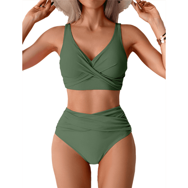 Ensembles de Bikini pour Femmes Maillot de Bain Deux Pièces Taille Haute Col en V Torsadé Bretelles Spaghetti Réglables
