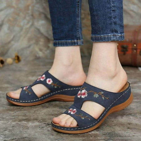 

Borniu Womens Sandals Flip Flops for Women Summer Ladies Fashion Wedge Heel Embroidery Flower Sandals Women s Sandals Arch Support Comfortable Walking Wedge Sandals