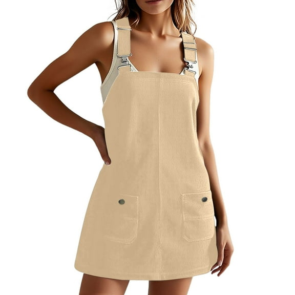 OSOLU Solid Color Women Corduroy Overall Dress Adjustable Strap Mini Dresses With Pockets Summer Fashion Overalls Lovely Sundress Wedding Guest Dress
