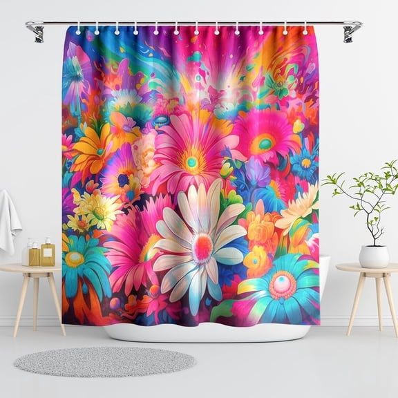 White Lily Pink Gerbera Sunflower Shower Curtains Spring Bathroom Curtains Watercolor Plant Leaves with Floral Bathroom Decor Waterproof Fabric Shower Curtain Set with Hooks 72"x72"
