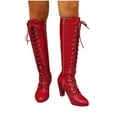 thumbnail image 2 of Lovzfmll Knee High Boots Women, Knee High Riding Boots Round Toe Lace Up, Block Mid Heel Round Toe Leather Boots Fall Red Boots, 2 of 9