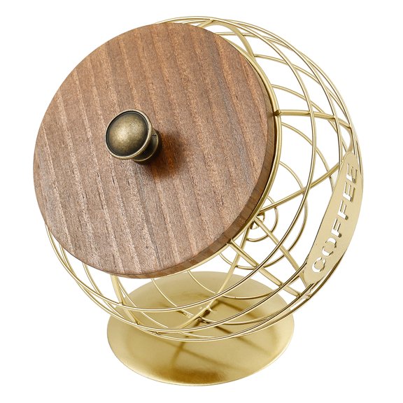 Iron Coffee Pod Holder with Wood Lid Large Capacity Coffee Pod Storage Basket Innovative Spherical Shape for Kitchen Countertop