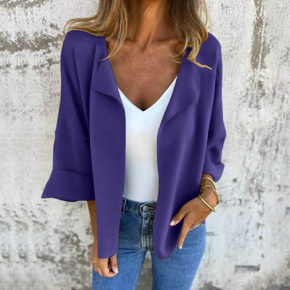 Ounisa Womens Casual Blazer Jackets Roll up 3/4 Sleeve Open Front Work office Business Blazers with Pockets