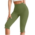 thumbnail image 3 of QATAINLAV Ladies Capri Leggings High Waisted Knee Length Yoga Pants with Side Slit Hem Stretch Summer Casual Bottoms Green M, 3 of 8