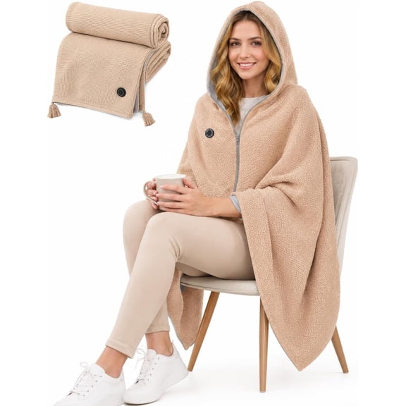 Heated Shawl Wraps Portable Cordless USB Blanket for Women Hooded Power, Bank Wearable Soft Flannel Thermal Cape Compatible Camping Napping Reading Travel Warmth Office Desk Car Outdoor Winter Use