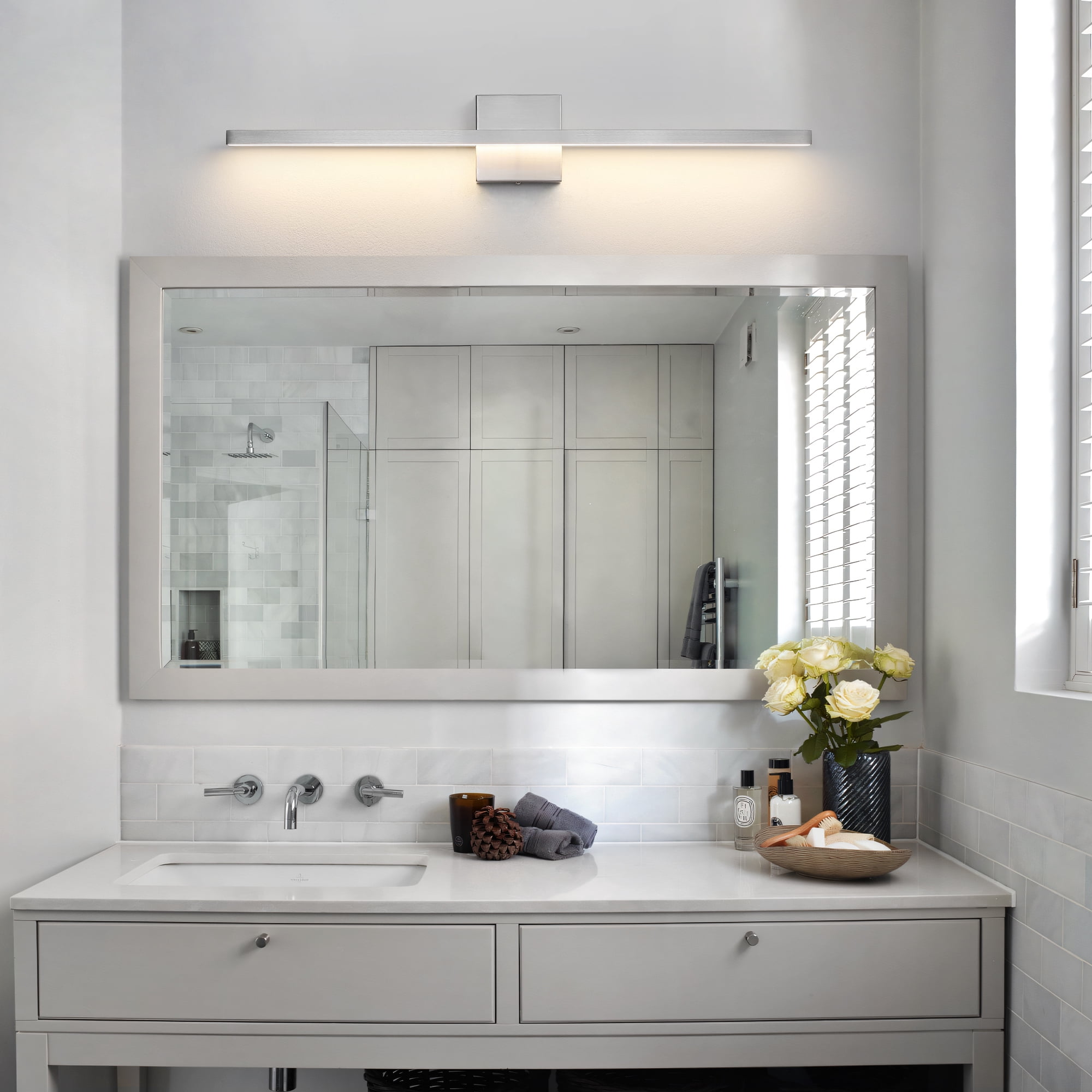 KAISITE 32 inch Modern Vanity Lights for Bathroom Lighting Fixtures over Mirror Dimmable Integrated LED Brushed Nickel , Silver, 3500K Warm Light
