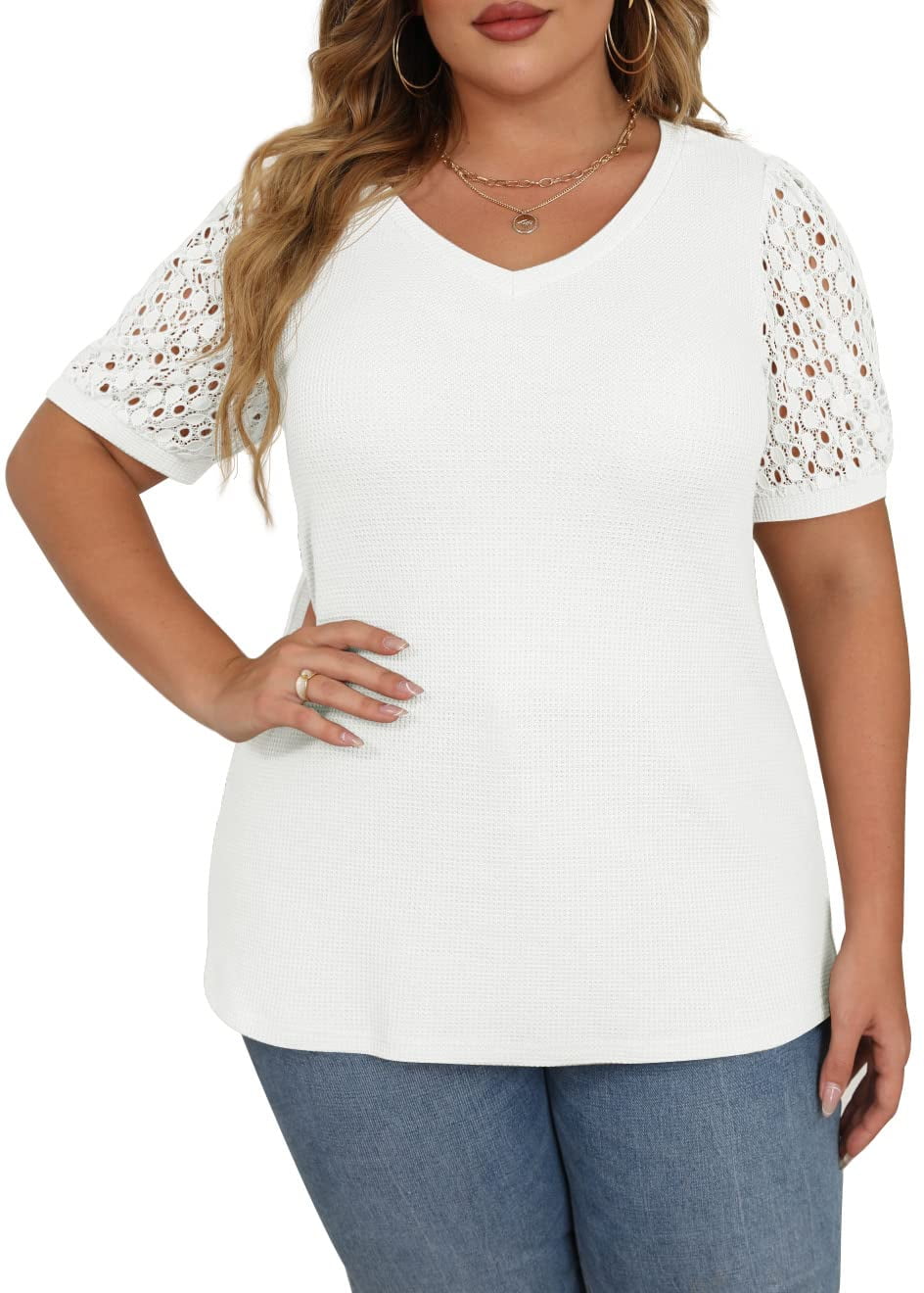 JWD Plus Size Tops For Women Summer Blouse Waffle Knit Short Lace