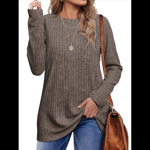 Camisas de Larga para Mujer, Blusas Holgadas de Cuello Redondo, Elegantes, Informales, para Otoño e Invierno. Caqui XXL