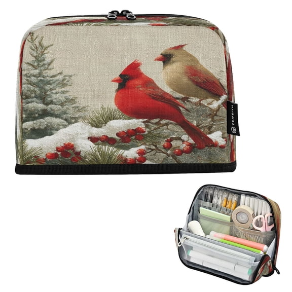 Standing Pencil Case with Base Large Capacity Stationery Pouch Pen Bag with Zipper for Women Men Bird and Snow-covered Trees