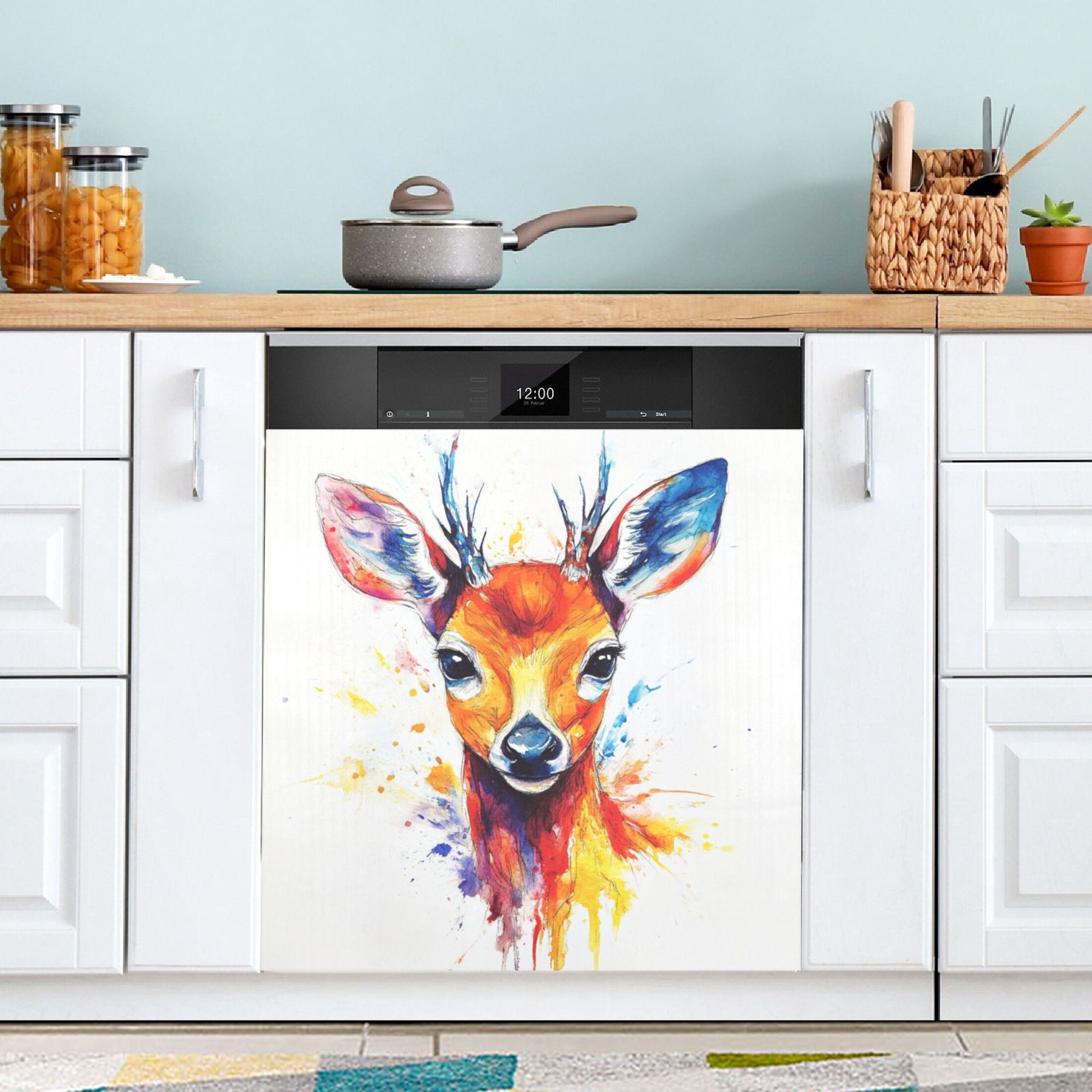Dishwasher Magnetic Sticker 23x26 Inch Refrigerator Magnetic Sticker Washing Machine Magnetic Sticker Kitchen Panel Magnetic Sticker Home Decor Watercolor Cartoon Deer