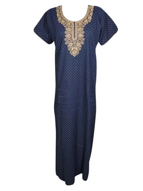 Mogul Womens Blue Maxi Caftan Nightwear Printed Short Sleeves Embroidered Neck Cotton Evening Dress