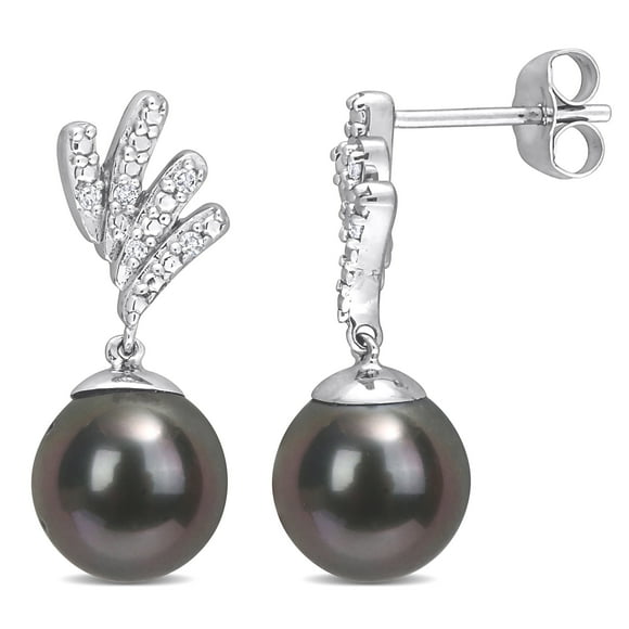 Miabella 8-8.5mm Black Tahitian Cultured Pearl and Diamond Accent 10kt White Gold Feather Drop Earrings