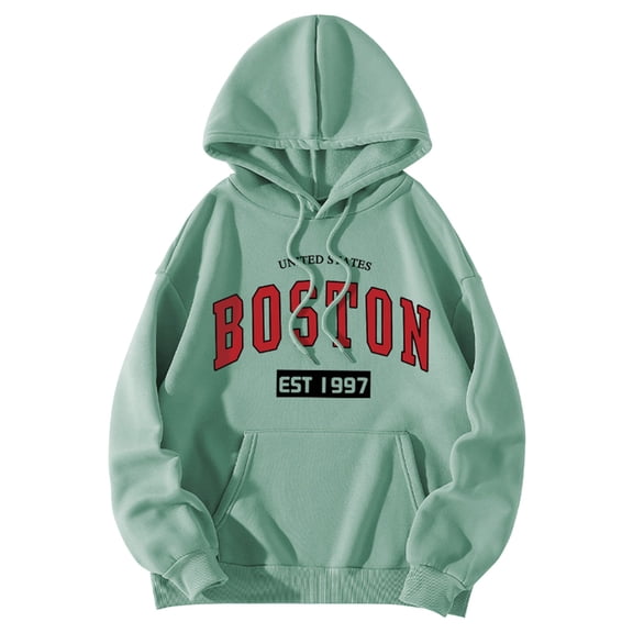 Women Boston Letter Print Crewneck Sweatshirt Lined Loose Fit Casual Long Sleeve Pullover Tops Green