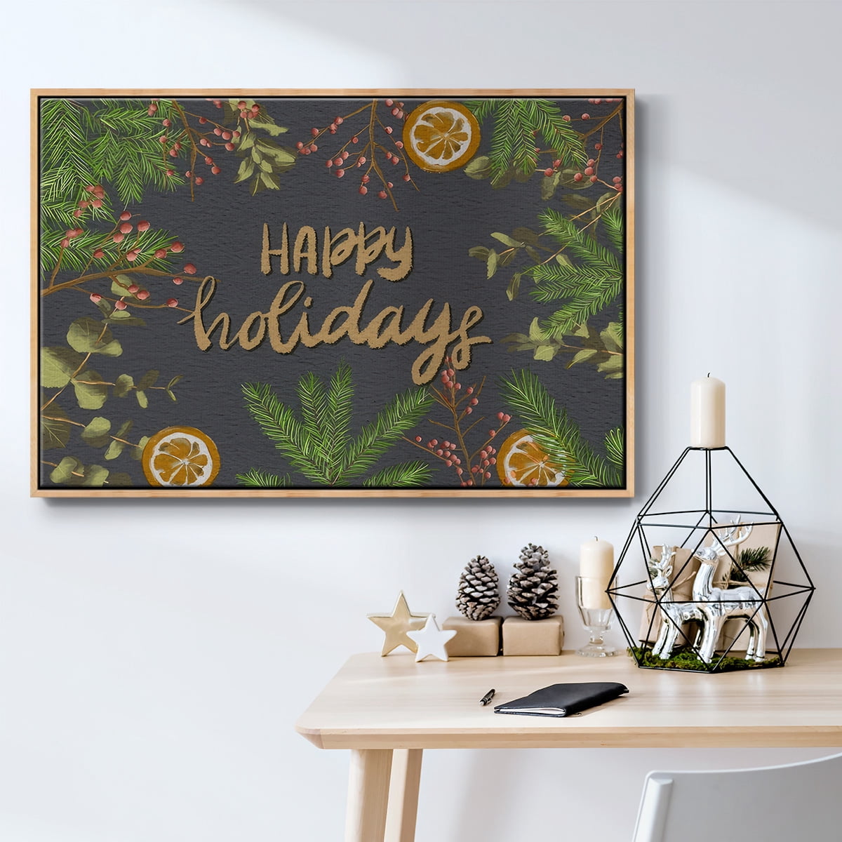 Holiday Sentiment II - Framed Gallery Wrapped Holiday Canvas - 17 x 25 - Natural Wood Frame