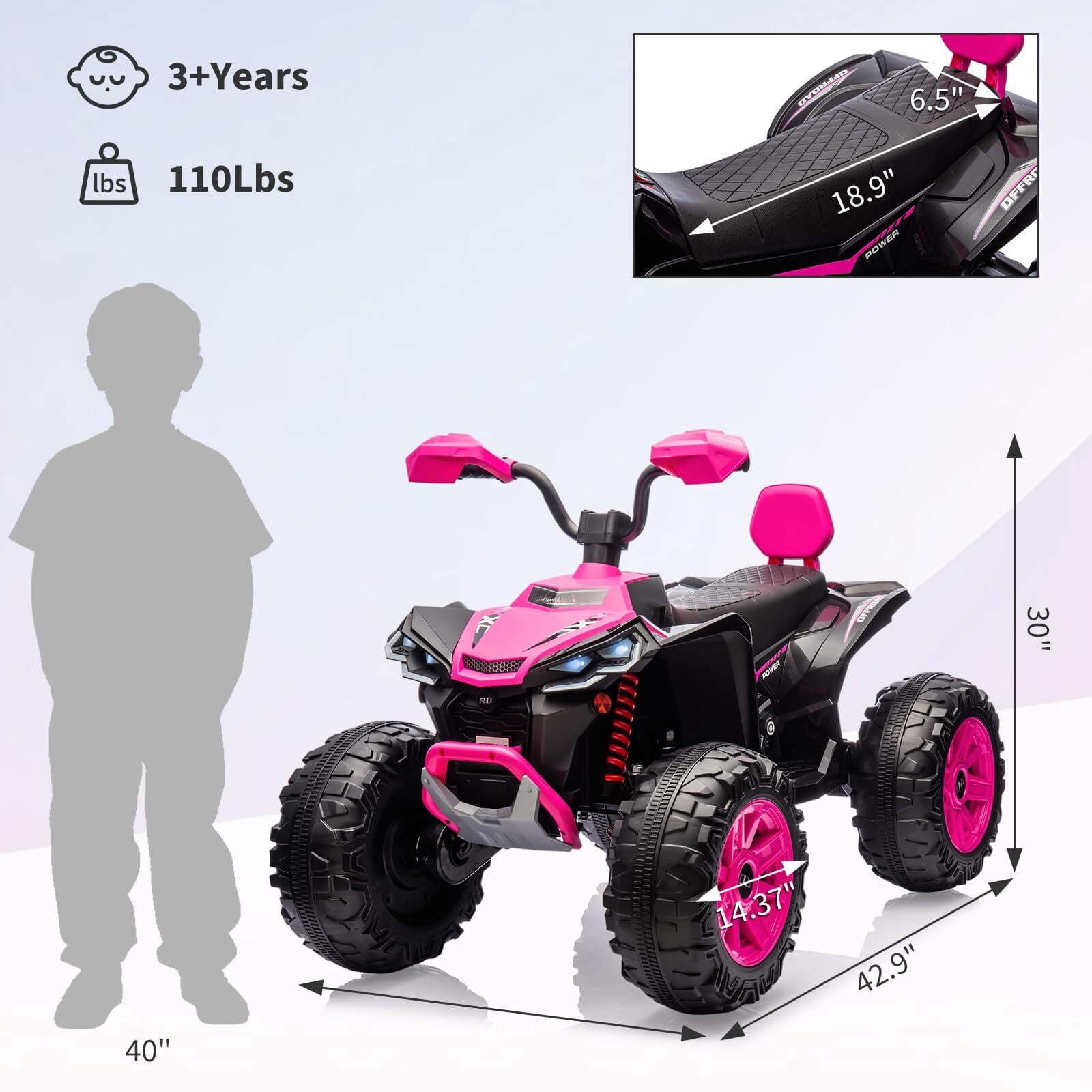 24 Volt Kids ATV Ride-On, Electric Dual 4 Wheeler with 2-Seater, Ride on Toys for Big Kids with Bluetooth, LED Lights, Music, High Low Speed, Pink