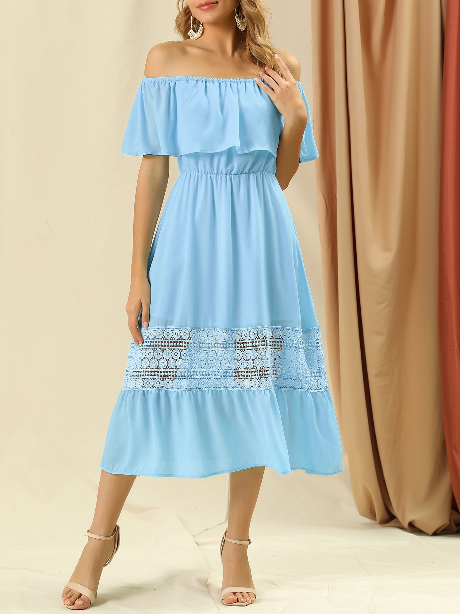 DARING DIVA Women's Off Shoulder Flutter Sleeve Maxi Dress XL Light Blue