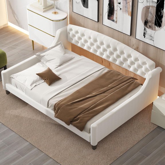 LegaHome Full Size Upholstered Daybed, Modern Luxury Tufted Button Daybed with Strong Wooden Slat Support, No Box Spring Needed, Heavy Duty Full Daybed Frame for Apartment Living Room, Beige