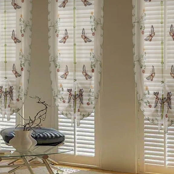 Sunyuer Boho Butterfly Voile Semi Sheer Tie Up Roman Curtains Elegant Rod Pocket Adjustable Balloon Curtains Shade for Small Window, 1 Panel